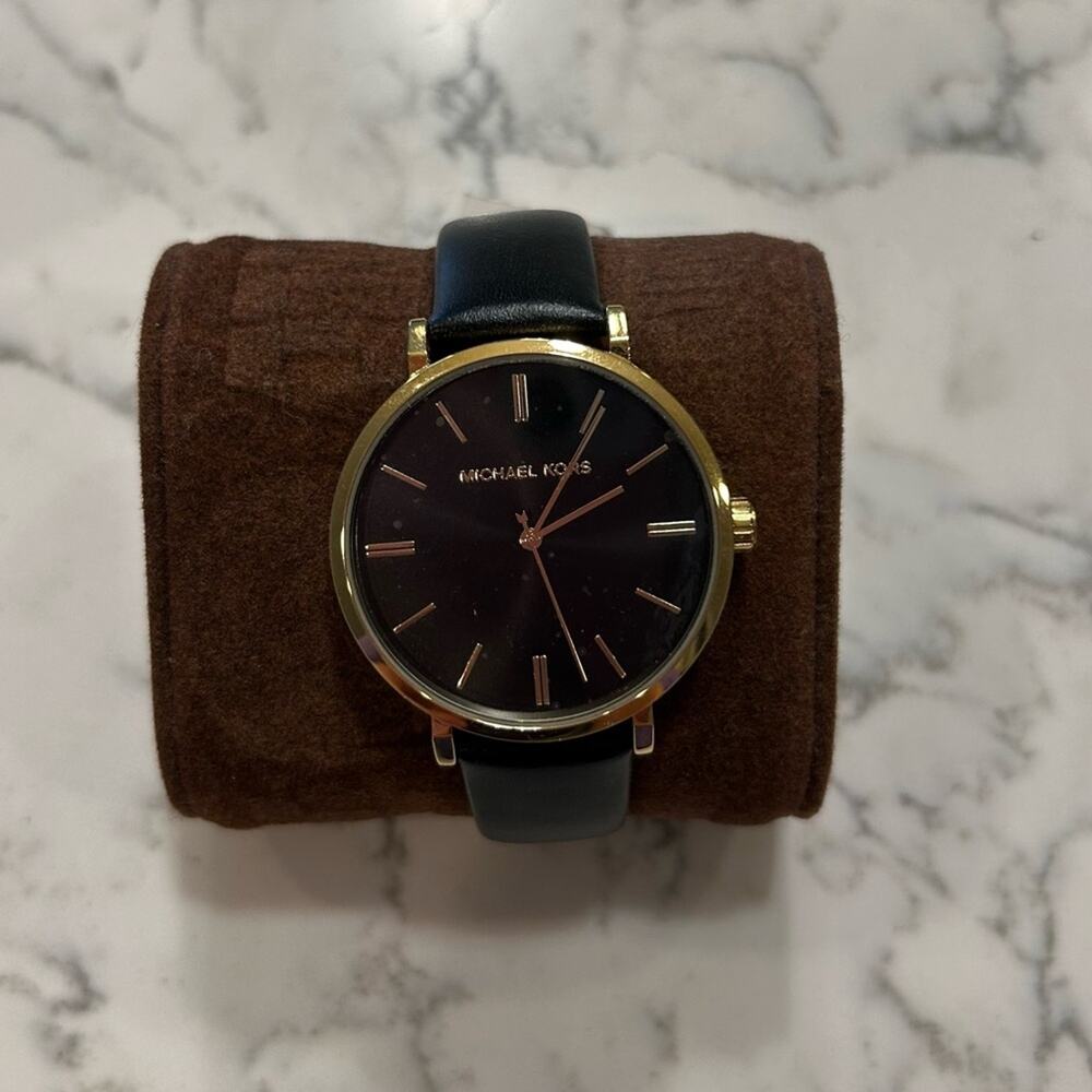 NWT Michael Kors Addyson MK2949 Black Leather Watch Gold Case Three Hand